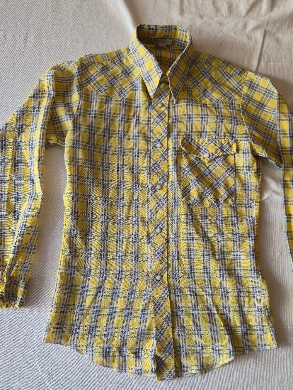 Vintage 1970s Wrangler Yellow Plaid Long Sleeve Shirt Size 18/44 Made in Usa